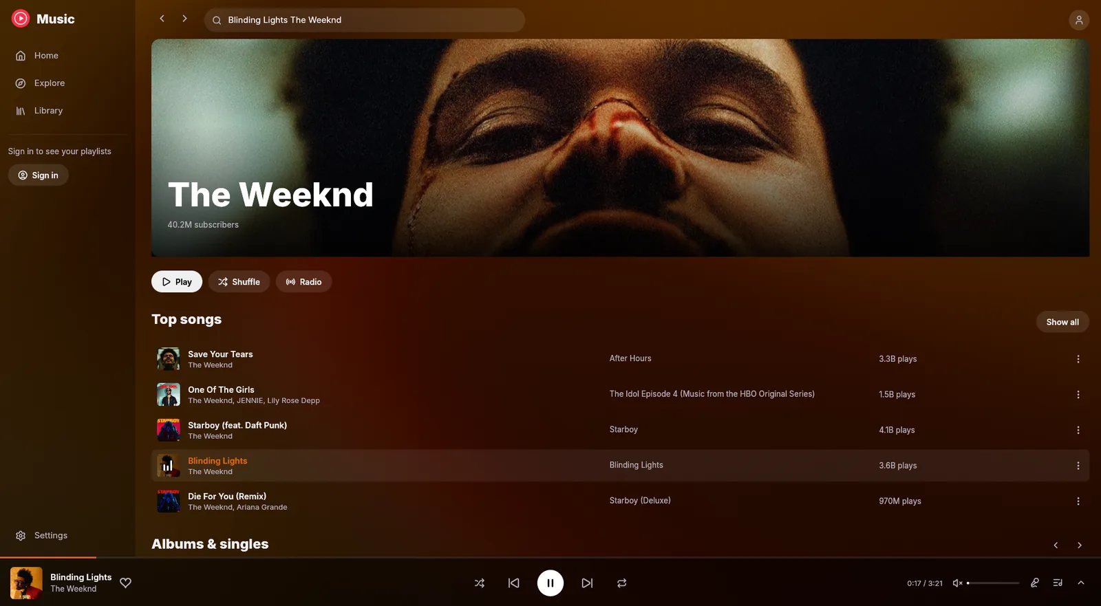 Artist page for The Weeknd with a large header image and top songs