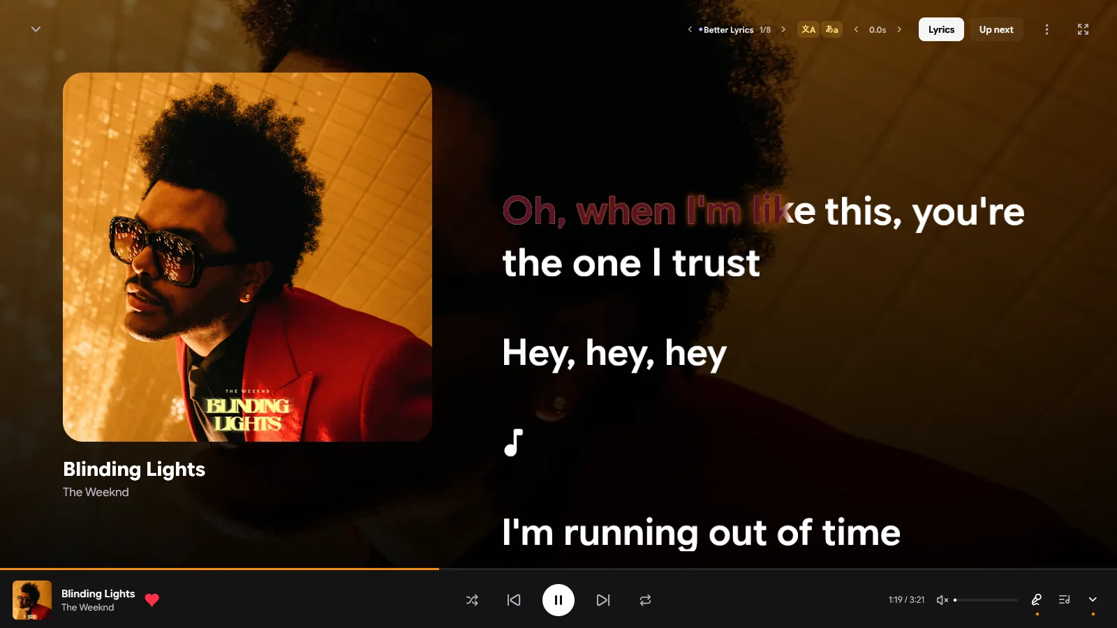 Burn theme: white lyrics over a full-bleed darkened cover, with sung words burning out