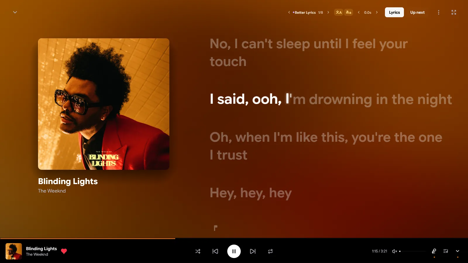 Expressive theme with a centred cover and lyrics