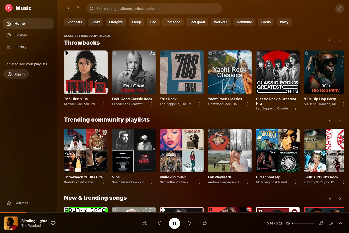 ytm-rs home page with mood filters, throwback mixes and trending community playlists
