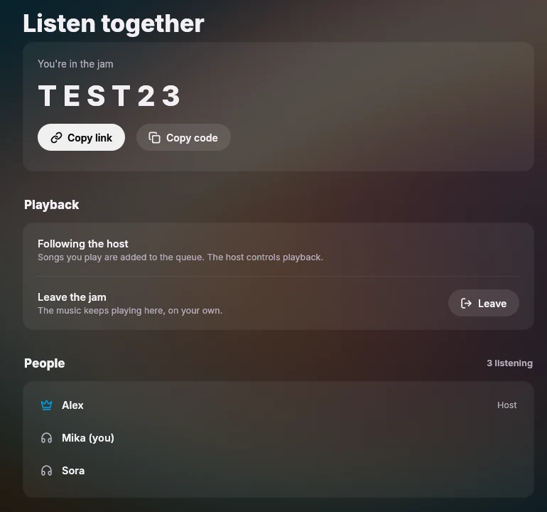 A guest's view of a jam in ytm-rs: the code TEST23, a note that the host controls playback, and three people listening together