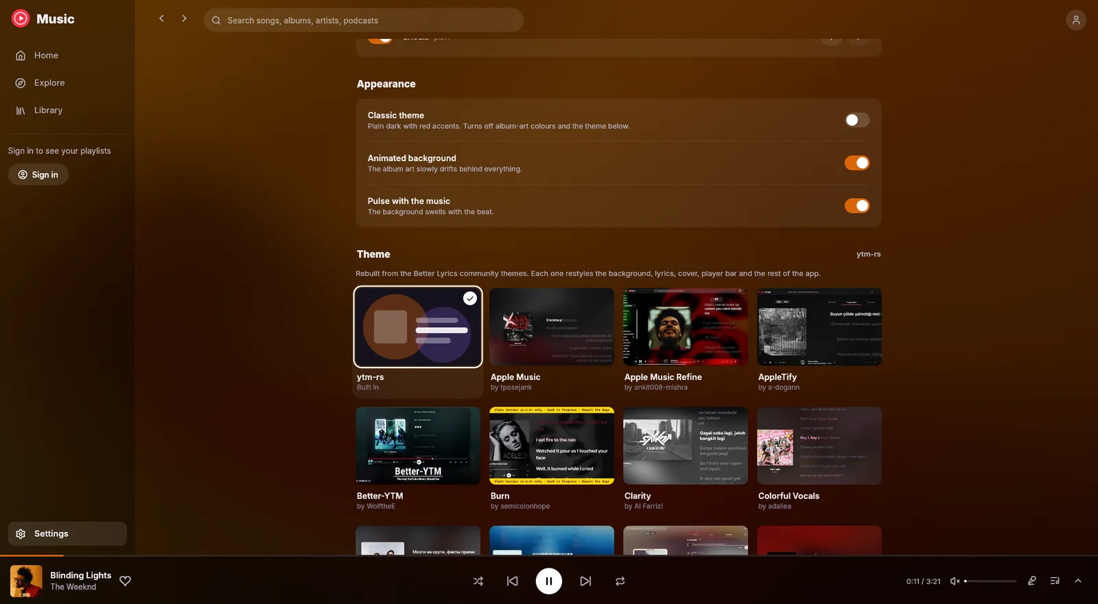 Settings page with appearance switches and the theme gallery