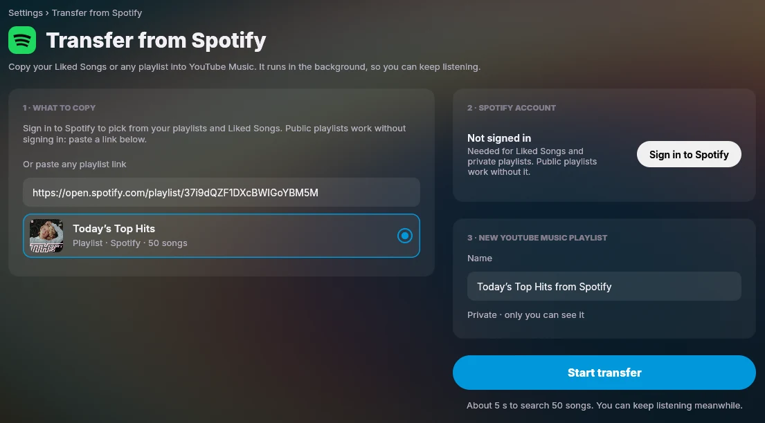 The Transfer from Spotify page in ytm-rs with a public playlist link pasted in, Today's Top Hits picked, and the new YouTube Music playlist named after it
